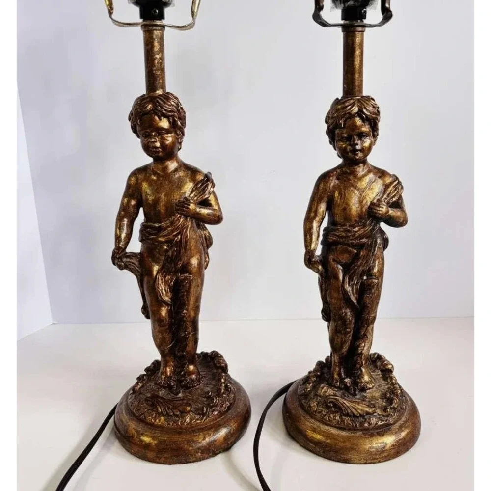 Set Of 2 MCM Neoclassical Hollywood Regency Gold Cherub Composite Lamp 17